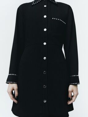 Zara Fancy Western Cowgirl Black Stud-Trim Shirt Dress (small)